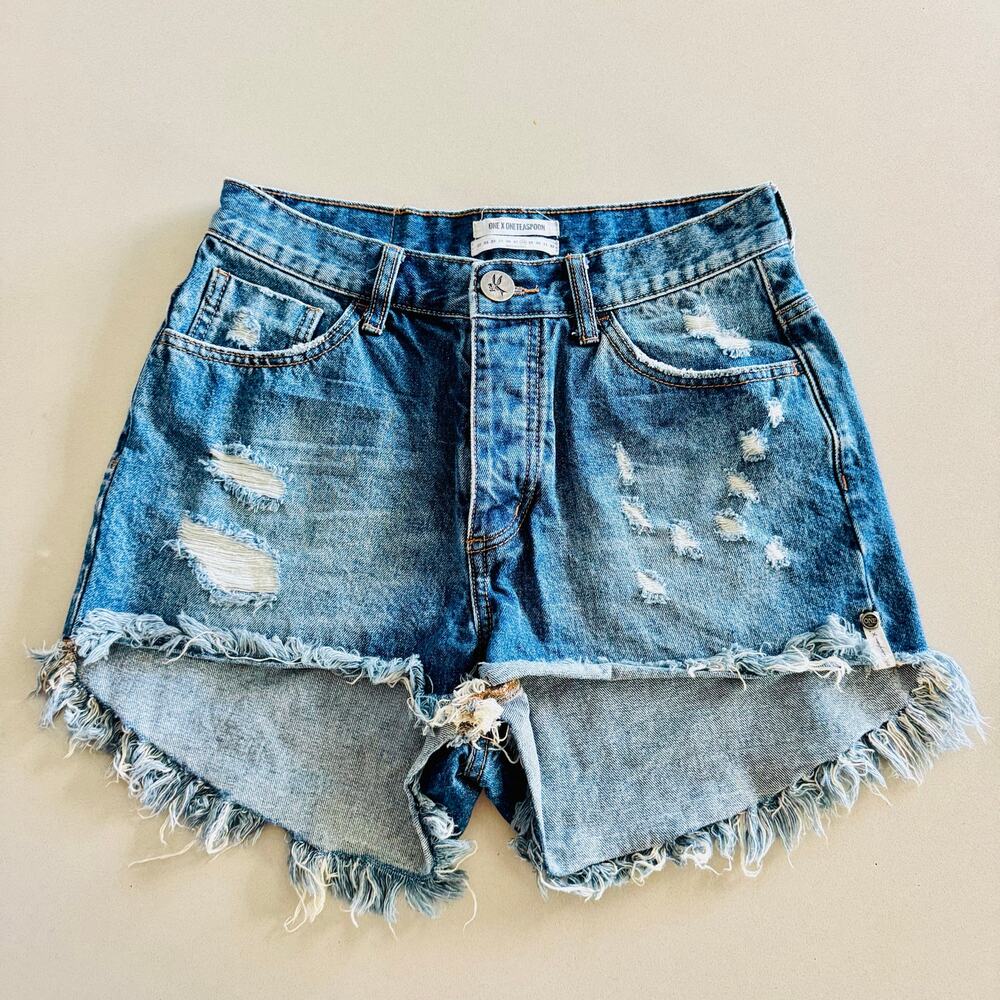 ONE TEASPOON High Rise Bonitas Distressed Mid Blue Wash Denim Cutoffs Short 28